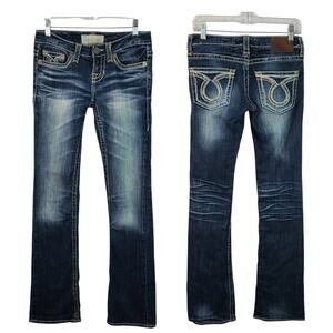 Big Star Blue Denim Jeans Bling Pockets Heavy Stitch Boot Cut Mid Ride 24 L